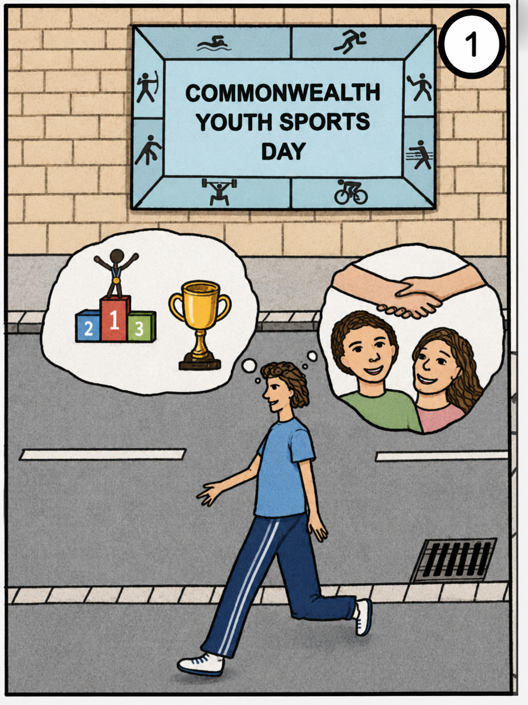 Jugendlicher geht an Sportplakat vorbei und denkt an Sieg und Freundschaft.